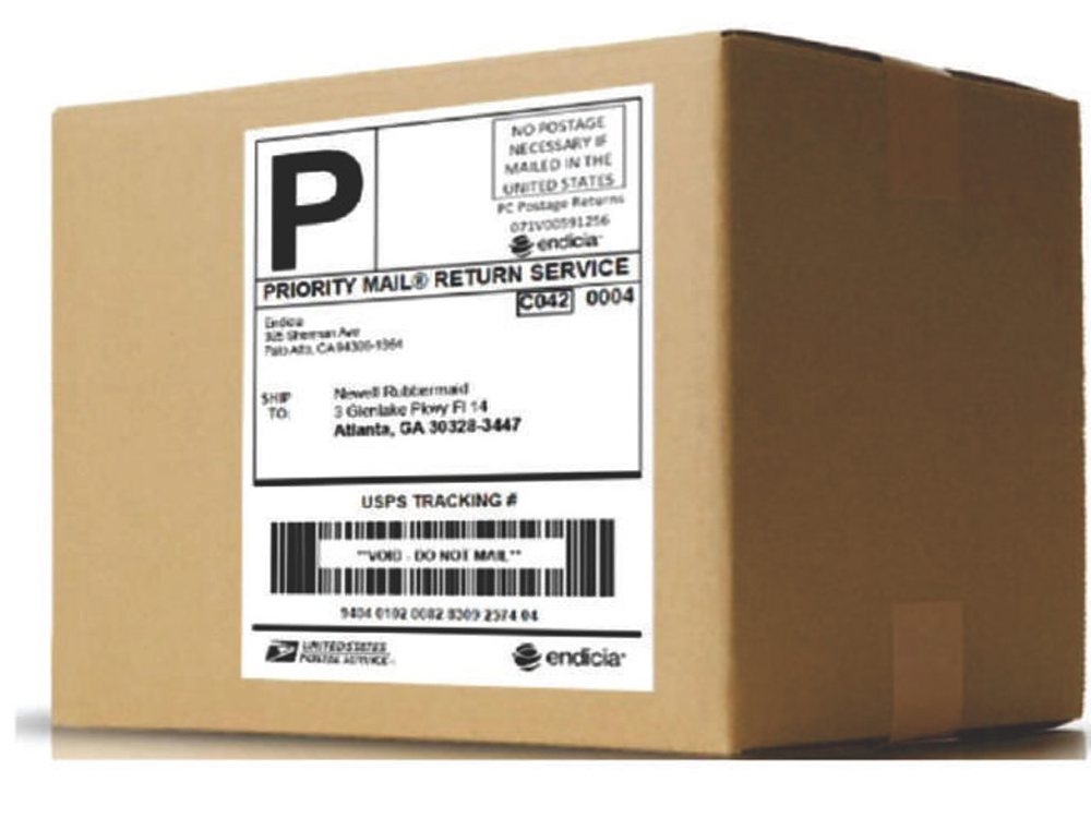 A corrugated shipping carton carrying a printed label
