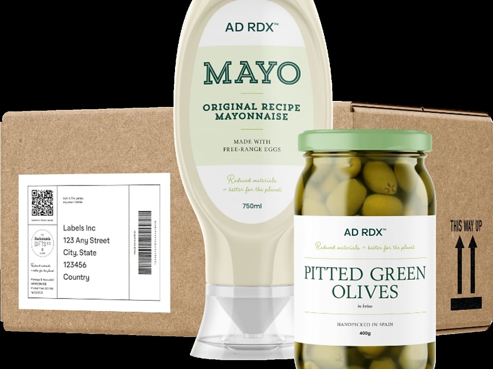 Mayonnaise bottle, olive jar and a labelled shipping carton