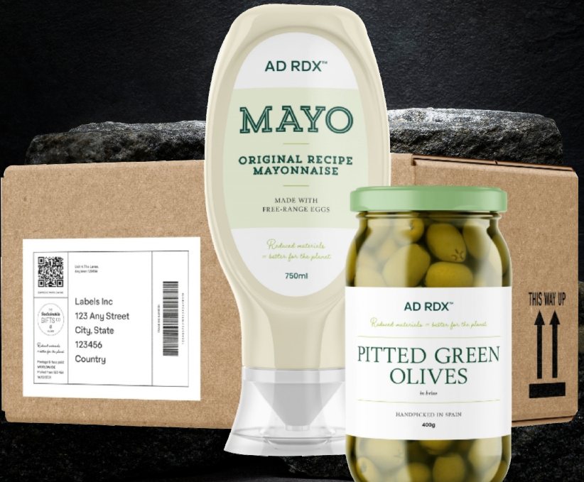 Packed products showing flexible packaging and labelled containers
