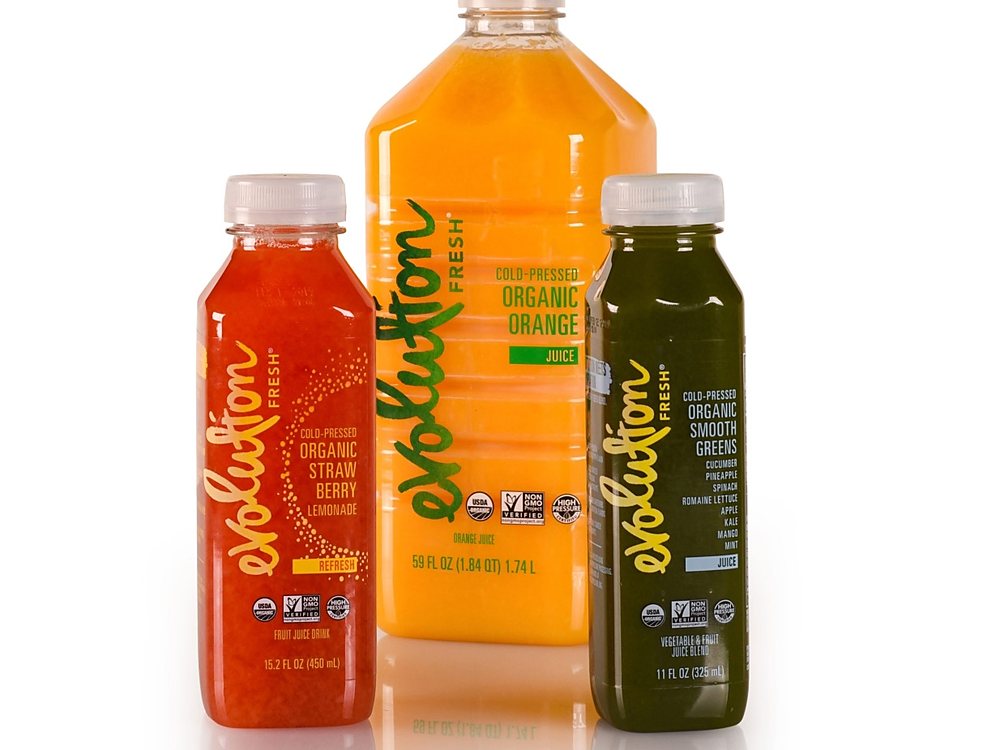 Juice bottles carrying clear film labels